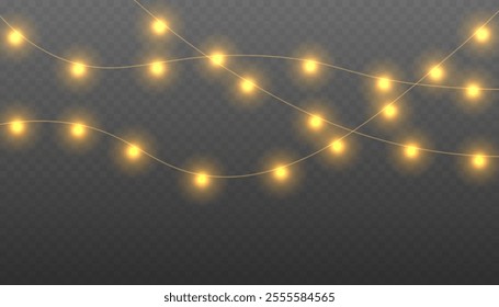 Christmas light png garlands. Set of Christmas glowing garlands. Festive Christmas gold garlands, dust, sparkle, and a star.