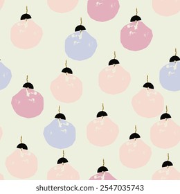 Christmas light seamless pattern with pink, lilac tree toys. Stylish background. Repeating vector design element for print