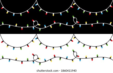 Christmas light set. Colorful string fairy lights. Cartoon holiday festive xmas decoration. Lightbulb glowing garland. Rainbow color. Cone shape.Flat design. Black White background. Isolated. Vector