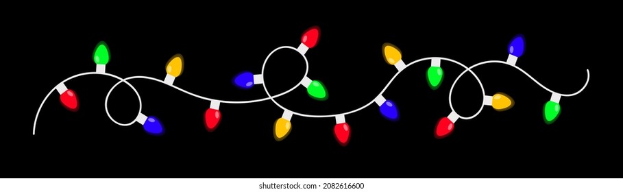Weihnachtslicht. Farbige String Fee Lichter. Glühbirnen leuchtende Gartenlinie. Cartoon Feiertage festliche Weihnachtsdekoration. Regenbogenfarbe. Unterschiedliche Form. Flachdesign einzeln auf schwarzem Hintergrund, Vektorgrafik