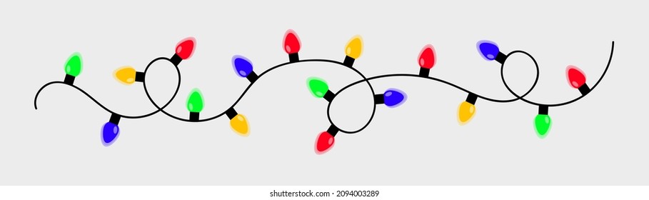 Christmas light set. Colorful string fairy lights. Lightbulb glowing garland line. Cartoon holiday festive xmas decoration. Rainbow color. Different shape. Flat design Isolated White background Vector