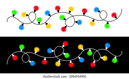 Christmas light set. Colorful string fairy lights. Lightbulb glowing garland line. Cartoon holiday festive xmas decoration. Round shape. Rainbow color. Flat design. Black White background. Vector