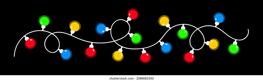 Luz de Navidad. Línea de guirnaldas luminosas. Coloridas luces de hadas de cuerda. Decoración de Navidad festiva de caricaturas. Color arcoiris. Forma redonda. Diseño plano. Aislado. Fondo negro. Vector