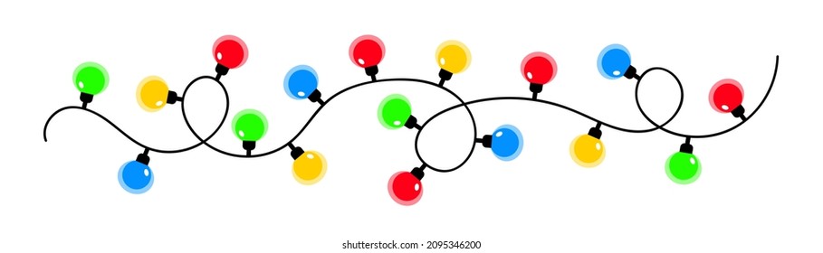 Christmas light set. Lightbulb glowing garland line. Colorful string fairy lights. Cartoon holiday festive xmas decoration. Rainbow color. Round shape. Flat design. Isolated. White background. Vector