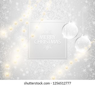 Christmas light shining snowfall background. Merry Christmas text on square label, transparent glass ball. Bright festive vector Illustration. Christmas tree toys and lights