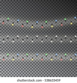 Christmas light string decoration. Garland vector. Set of overlapping, glowing transparent 
 isolated on dark background.