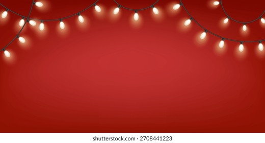 Christmas light strings on red background. Festive holiday decorations border. Vector illustration