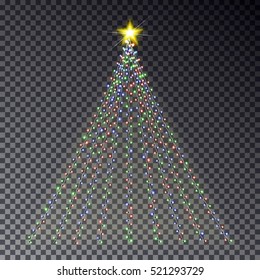 Christmas light tree with garland isolated on dark background. Colorful garland effect. Light tree with star template for card, poster. Happy new year and xmas vector illustration.