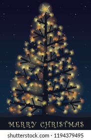 Christmas light tree and night sky on landscape vector background.