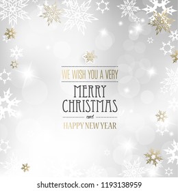 Christmas light vector background illustration with snowflakes and golden Merry Christmas text