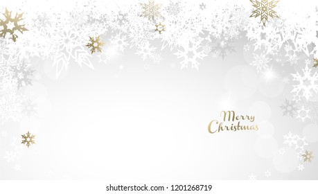 Christmas light vector background illustration with snowflakes and golden Merry Christmas text