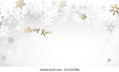 Christmas light vector background illustration with snowflakes and golden Merry Xmas text