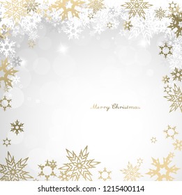Christmas light vector background illustration with snowflakes and golden Merry Christmas text