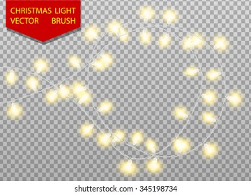 Christmas light vector brush. Golden color bulbs on transparent background