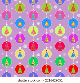 Christmas light violet seamless childish wrapping paper for winter holiday celebration with hanging cut out decoration with colorful firs