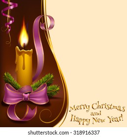 Christmas lighted candle and fir branches with ribbons to vector format