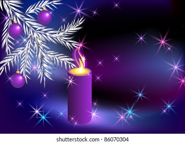 Christmas lighted candle and fir branches with balls