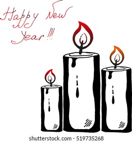 Christmas lighted candle. Vector illustration of a festive candle with inscription of a happy new year. Calligraphy happy new year lettering.