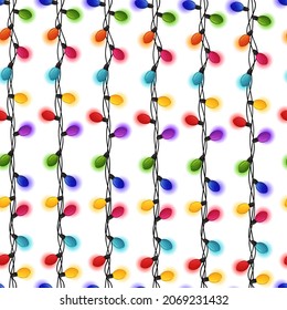 Christmas lights background. Glowing lights pattern. Colorful christmas garlands print. Red, yellow, green, plum, blue Christmas lights. Happy new year decor string light. Cartoon lights backdrop.