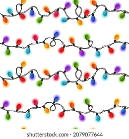 Christmas lights background. Glowing lights pattern. Colorful christmas garlands print. Red, yellow, green, plum, blue Christmas lights. Happy new year decor string light. Cartoon lights backdrop.