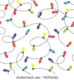 Christmas lights background. Seamless pattern with colorful watercolor garland of light bulbs.