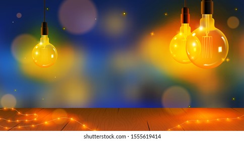 Christmas lights background. Vector Edison lump and christmas light blur background. Christmas illustration vector background