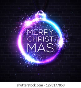 Christmas lights background. Xmas neon letters in decoration sign. Abstract vector background.