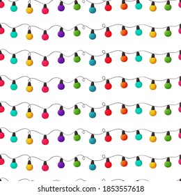 Christmas lights background.Glowing lights pattern. Hand drawn colorful  bulb garlands for greeting card, invitation template. Graphic Xmas light backdrop. Happy new year color bulb print.String light