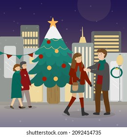 Christmas lights in the big city A big Christmas tree and people walking around Young people meet in a beautiful and happy atmosphere. Christmas greeting card, banner, poster with people  at festival