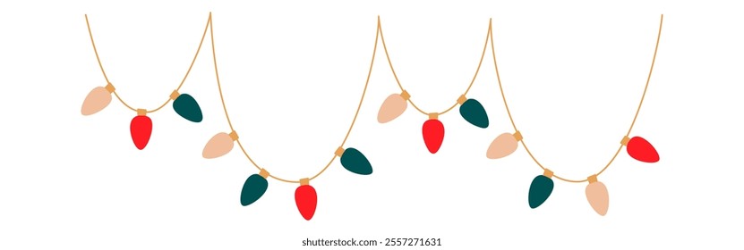 Christmas lights big sectioned garland with colored ellipse bulbs. Xmas festive string decoration with hanging retro lightbulb. Glowing lamps for holiday cards, banners, posters. Vector illustration.