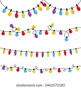 Christmas lights big set. Colorful string fairy light. Lightbulb glowing garland line. Different shape. Cartoon holiday festive xmas decoration. Rainbow color. Flat design. White background. Vector