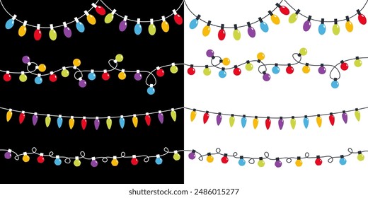 Weihnachtsmusiken beleuchten großes Set. Glühbirne leuchtende Girlande Linie. Bunte Saite Fee Licht. Cartoon Urlaub festliche Dekoration. Andere Form. Regenbogenfarbe. Flaches Design. Schwarzer weißer Hintergrund. Vektorgrafik