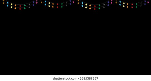 Christmas lights big set line. Glowing lightbulb garland. Colorful string fairy light. Cartoon holiday festive xmas decoration. Different shape. Rainbow color Flat design White black background Vector