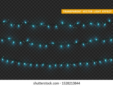 Christmas lights in blue color. Decoration design element Christmas glowing lights. Decorative Xmas realistic objects. Festive decor set of garlands. vector illustration