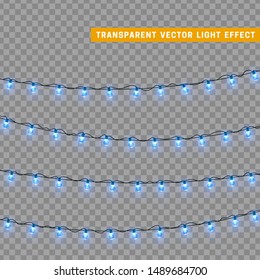 Christmas lights in blue color. Decorations design element Christmas glowing lights. Decorative Xmas realistic objects. Holiday decor set of garlands. vector illustration
