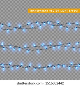 Christmas lights in blue color. Decorations design element Christmas glowing lights. Decorative Xmas realistic objects. Holiday decor set of garlands. vector illustration