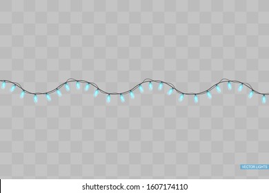 Christmas lights blue isolated on transparent background. Xmas glowing garland. 