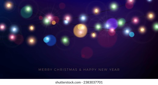 Christmas lights with blur effect. Holiday decoration. Garland with colored bulbs. Vector illustration