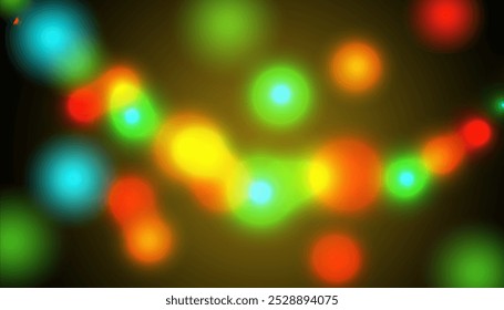 Christmas lights in bokeh. Outside in December. Red, green, blue and fire orange bokeh on a black background. Holiday powder dust for cards, invitations, banners, advertising.