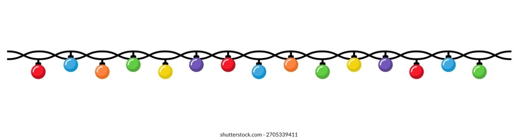 Navidades luces borde en estilo plano. Diseño de Vector simple de la guirnalda colorida de la bombilla de la cadena. Elemento decorativo de vacaciones de invierno para tarjetas de Navidad, invitaciones, Anuncios, carteles