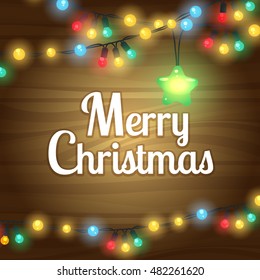 Christmas lights border frame text card on wooden background vector illustration