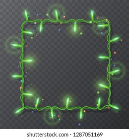 Christmas lights border, light string frame, square frame isolated on dark background with copy space. Glowing Green lights for Xmas Holiday greeting card design. Vector illustration