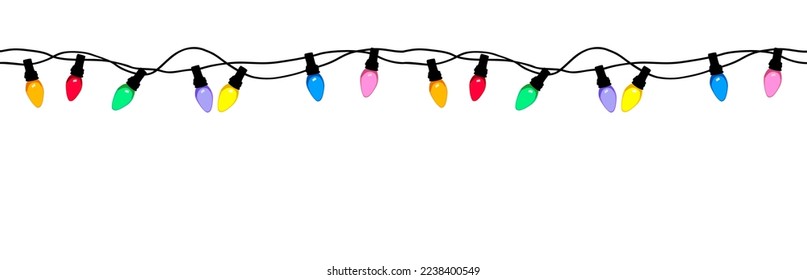 Christmas lights border. Multicolored bulbs on strand seamless horizontal pattern. Vector realistic illustration isolated on white background. Trendy design for New Year, Xmas card, invitation, banner