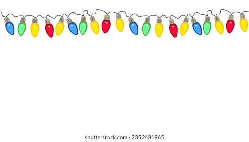 Weihnachtsbeleuchtung grenzt. mehrfarbige Glühbirnen auf strangnahtlosen horizontalen Mustern. Vektorgrafik einzeln auf weißem Hintergrund. Trenddesign für Neujahr, Weihnachtskarte, Einladung, Banner, Overlay