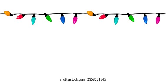 Christmas lights border. Multicolored bulbs on strand seamless horizontal pattern. Vector illustration on white background. Trendy design for New Year, Xmas card, invitation, banner, overlay