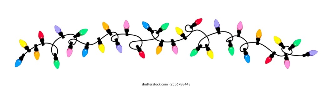 Christmas lights border. Multicolored bulbs on strand seamless horizontal pattern. Realistic vector illustration on white background. Flat design for New Year, Xmas card, invitation, banner.