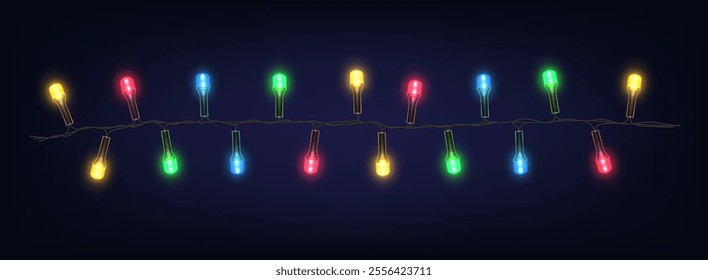 Christmas lights border. Christmas tree garland, vector illustration.