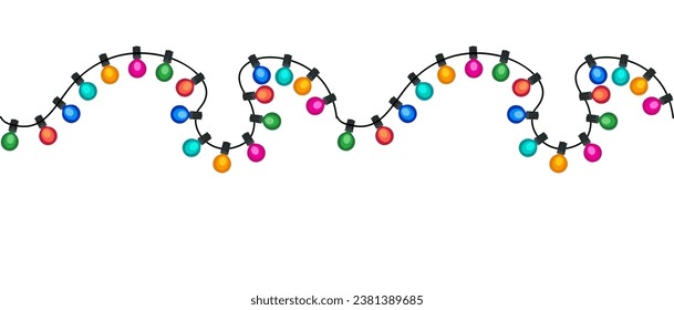 Christmas lights border vector isolated on white.