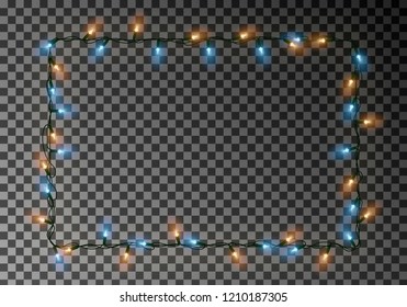 Christmas lights border vector, light string frame isolated on dark background with copy space. Transparent decorative garland. Xmas light border effect. Holiday decor element. Vector illustration.