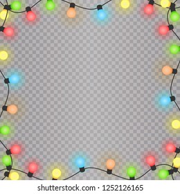 Christmas lights border vector, light string frame isolated on dark background with copy space. Transparent decorative garland. Xmas light border effect. Holiday decor element. Vector illustration.